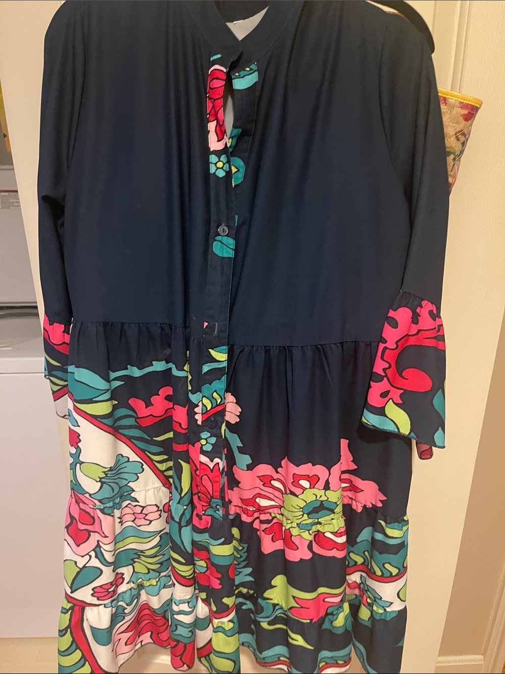 Navy Floral Button-Front Midi Dress